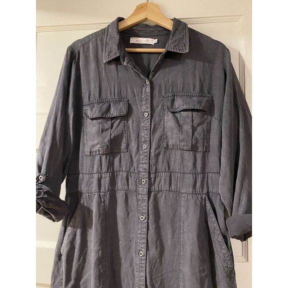 Billy T Button Down Long Sleeve Washed Black 100% Lyocell Dress Sz M Roll Tab - Picture 4 of 8